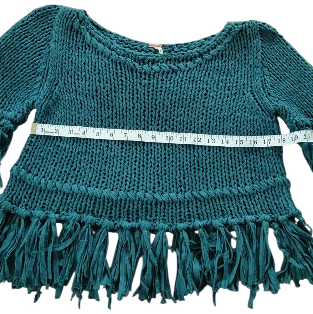 Free People Teal On The Fringe Crop Top Knit Sweater, Boho, Cottagecore, Size XS - Picture 6 of 9